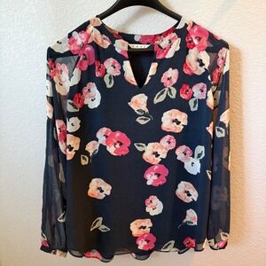 Cabi 971 Poppy‎ Blouse Navy Blue Pink Floral Chiffon Long Sleeve Top Large